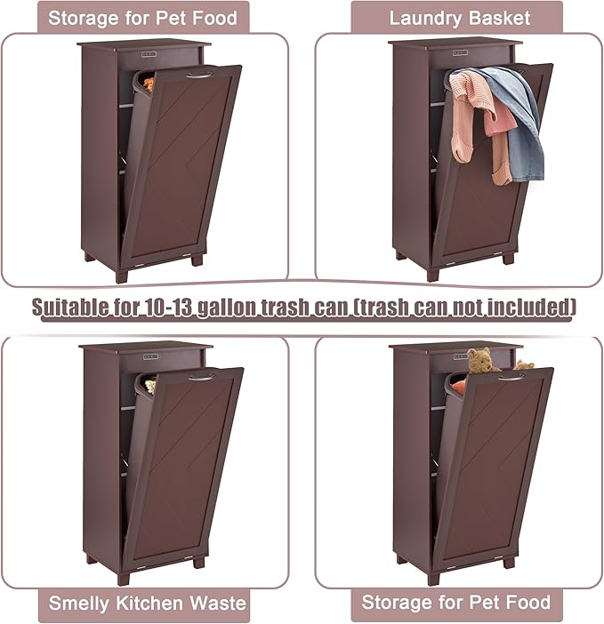 VECELO Tilt Out Kitchen Trash Bin Cabinet, Dog Proof Garbage Can with Wood Holder Free Standing Recycling, Brown