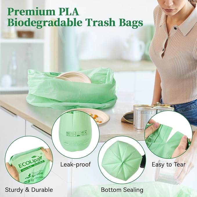 ECOLipak 13 Gallon Compostable Trash Garbage Bags, 50 Count (1 Roll) Biodegradable Heavy Duty Bathroom Kitchen Trash Bags for Home/Office, US BPI ASTM D6400 and OK Compost Home Certified