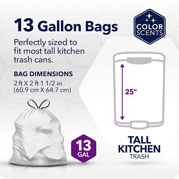 Color Scents Tall Kitchen Trash Bags - 13 Gallon, 20 Bags (5 Pack of 20 Count), Drawstring - Silver Bag in Simply Clean Scent with Microban