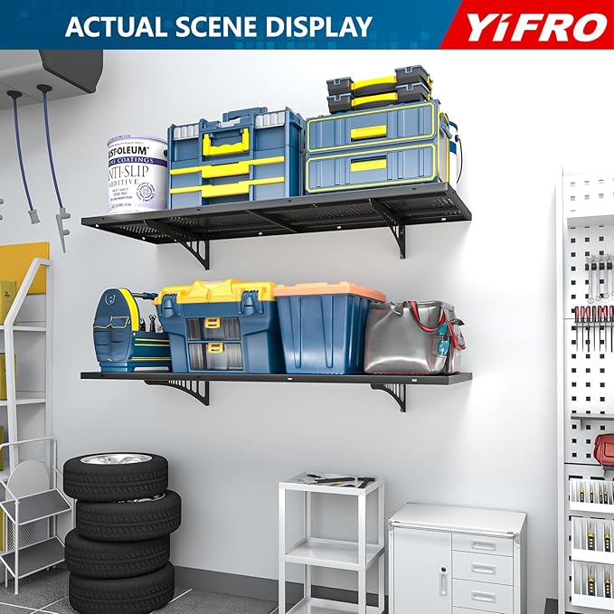2-Pack 1.5x4ft Heavy Duty Garage Wall Shelving, 500 lbs Load Capacity, Garage Shelving Wall Mounted, Garage Storage Rack with Hooks, Black