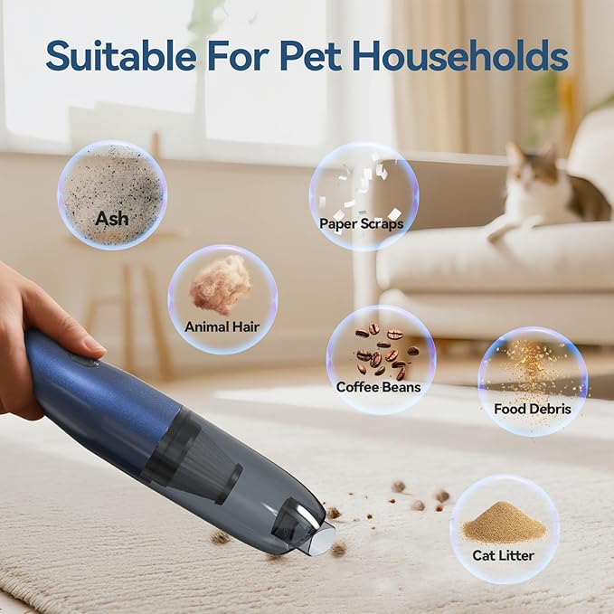 H2 Handheld Vacuum Car Vacuum, Mini Cordless Vacuum Cleaner with High-Speed Brush Motor Visual Dust Storage Silo Type-C Charge for Car Interiors, Sofas, Tabletops, Keyboards-Blue Gray