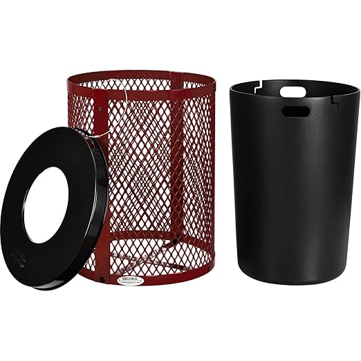 Global Industrial Outdoor Diamond Steel Trash Can with Flat Lid and Plastic Liner, 36 Gallon Capacity, Red, Thermoplastic Coating, 23-1/2" Diameter, 30" H