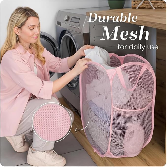 Handy Laundry Collapsible Mesh Pop Up Hamper with Wide Opening and Side Pocket - Breathable, Sturdy, Foldable, and Space-Saving Design for Clothes and Storage (Pink)