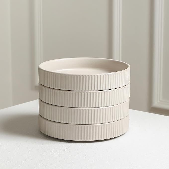 Stone Lain Haven Modern Stoneware 4 Piece Pasta Bowl Sets, Dish Set for 4, Reactive Glaze Beige