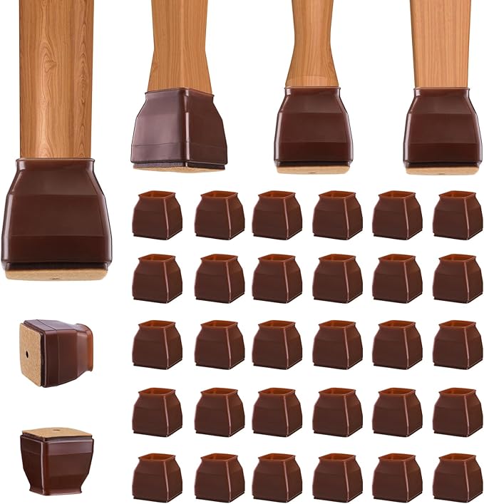 BALEINE 32 Pack Silicone Chair Leg Floor Protectors, Stool Leg Protectors Cap, Non-Slip Chair Leg Caps for Hardwood Floors (Brown & Small (Square), 32 Pack)