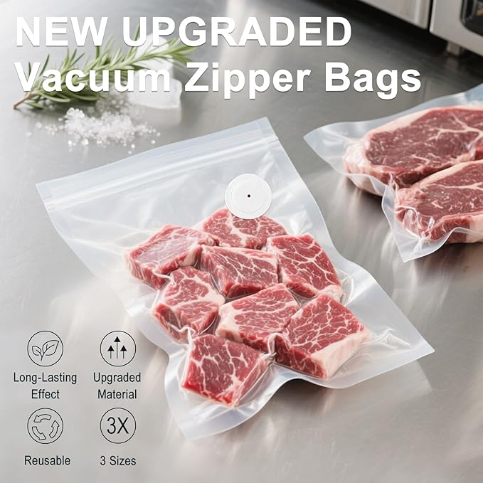 MEGAWISE Vacuum Zipper Bags 20Pcs (8.5 * 8.5in), BPA Free, Reusable Food Storage Bags with Air Valve for Sous Vide Cooking/Freezer/Microwave Heating, with 5 Seal Clips.
