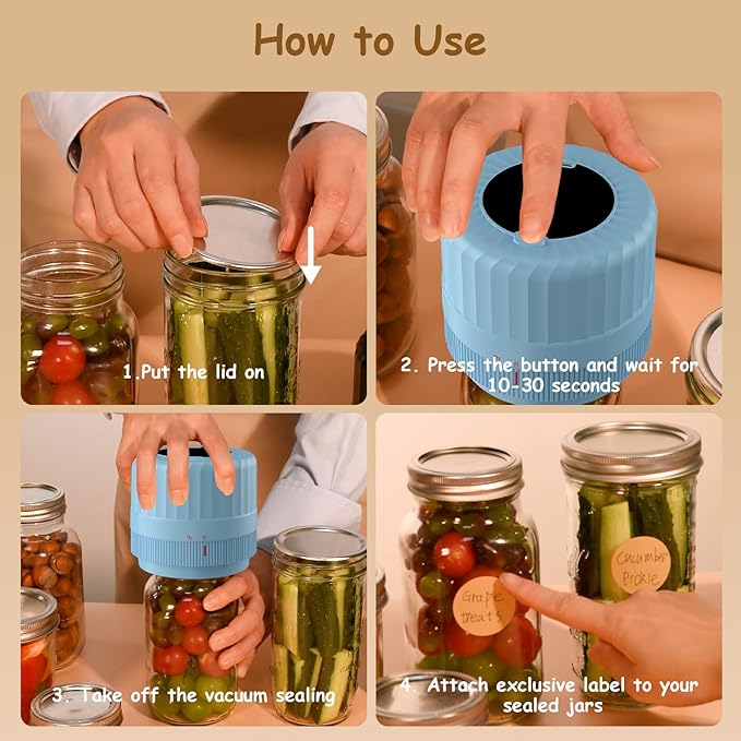 Fully Automatic Mason Jar Vacuum Sealer Kit, Auto Stop Mason Jar Vacuum Sealer Kit, Jar Vacuum Sealer for Mason Jars, Jar Vacuum Sealer, A Must-Have for Canned Foods Pantry Canning Pickling