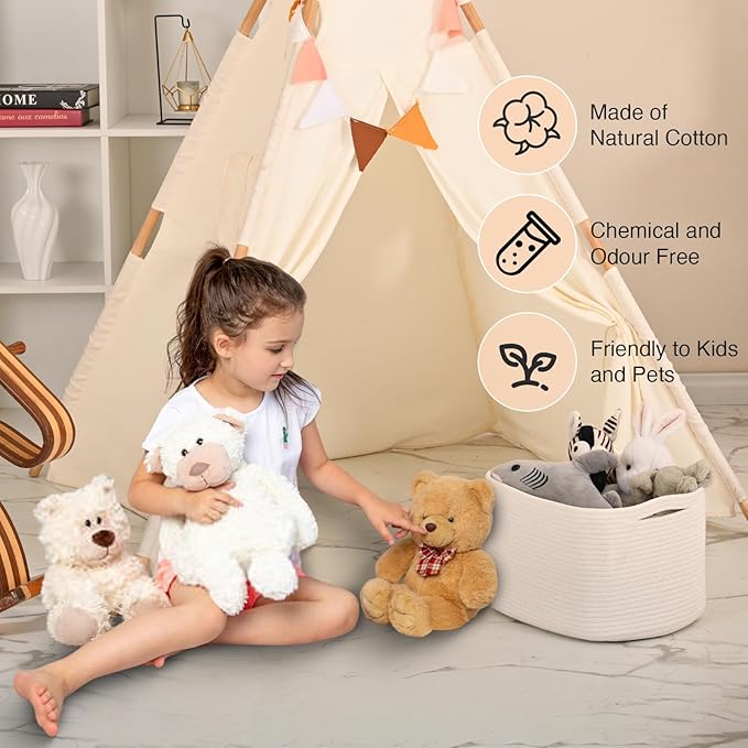 Woven Cotton Rope Storage Basket for Organizing, Cute Decorative Baskets for Gifts Empty, Organizer Bins for Dog Toy, Baby Laundry, 17“×13”×9.5“, Off White