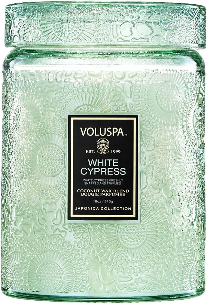 Voluspa White Cypress,Large Candle Jar,18 Ounce,100 Hour Burn Time, & Coconut Wax for Clean Burning,,Handcrafted in the USA