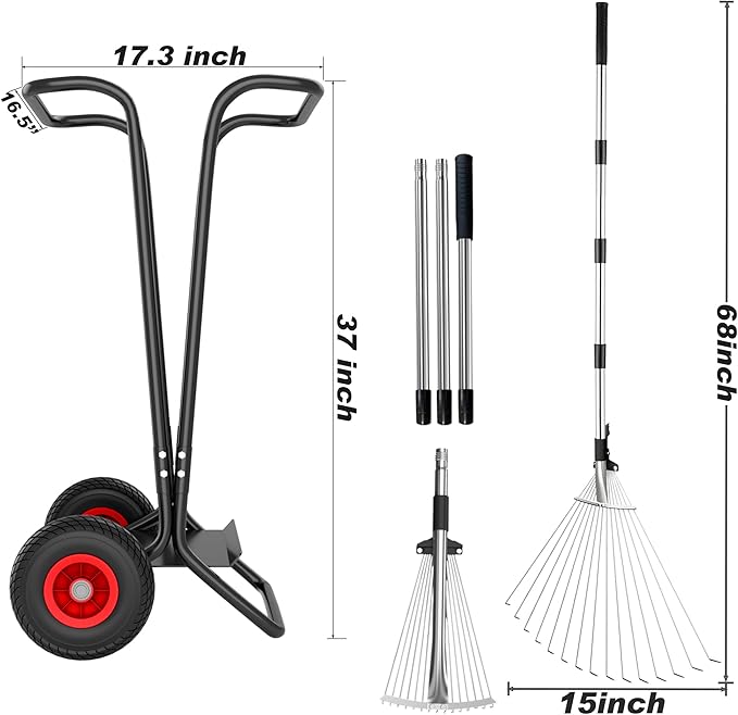 Mobile Trash Bag Holder Outdoor Lawn Leaf Bag Holder with Leaf Chute Metal Rake & 15 Count 39 Gallon Drawstring Trash Bags | Holds 35-65 Gallon Leaf Bags for Leaves Weeding Camping Party