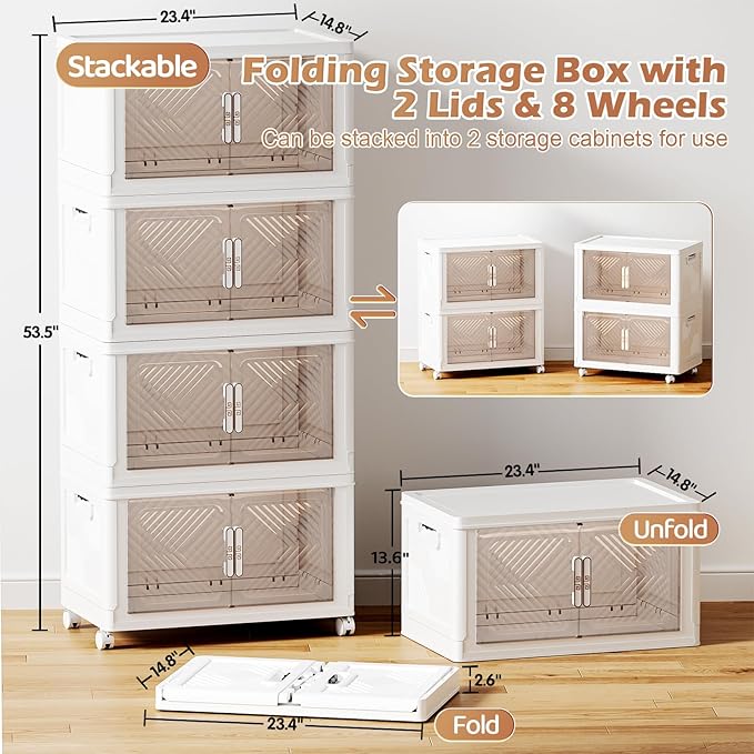 Storage Bins with Lid 76QT, Stackable Storage Containers with Wheels and Magnetic Doors, Plastic Clothes Closet Organizers and Storage Box for Pantry, Home and Office (4 Pack)