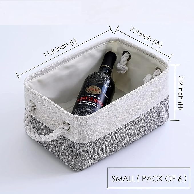 TcaFmac Small Storage Baskets for Shelf 6 Pack Canvas Storage Basket with Handles Fabric Storage Basket for Organizing Storage Bin (White and Grey, 12x8x5")