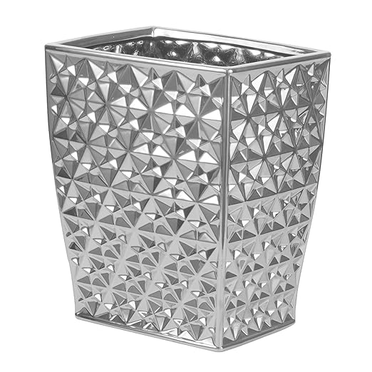 Ceramic Rectangular Small Trash Can - Wastebasket, Garbage Container Bin for Bathroom, Bedroom, Kitchen, Home Office, and Kids Room, Holds Waste, Recycling - Silver