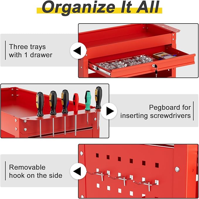 3-Tier Rolling Tool Cart with Drawers, Heavy Duty Utility Storage Cart with pegboard, Lockable Metal Tool Chest on Wheels for Garage, Warehouse & Repair Shop