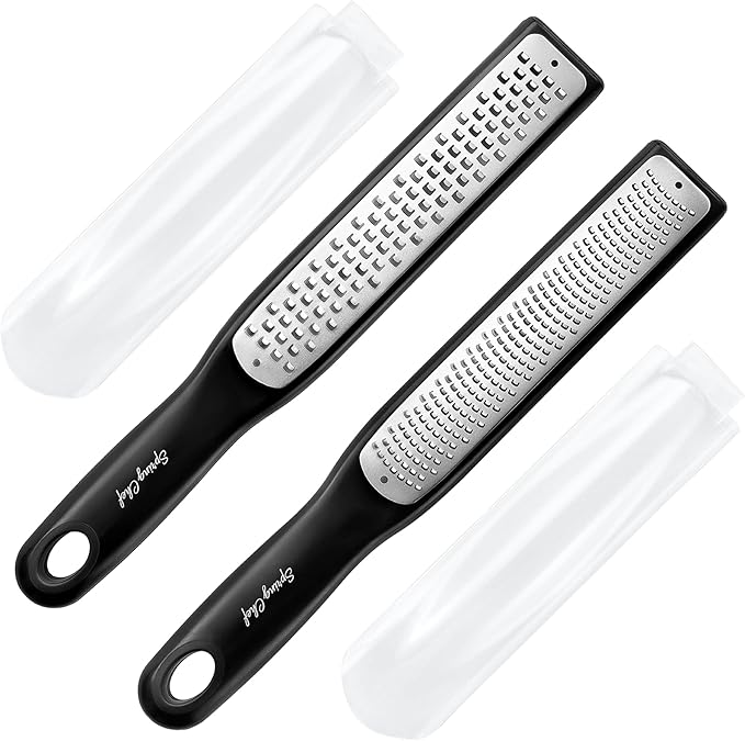 Spring Chef Premium Lemon Zester Grater with Handle - Ginger, Nutmeg, Garlic Grater - Heavy Duty Kitchen Tool - Stainless Steel Citrus Zester with Blade Cover - Fine & Coarse Shred, Set of 2, Black