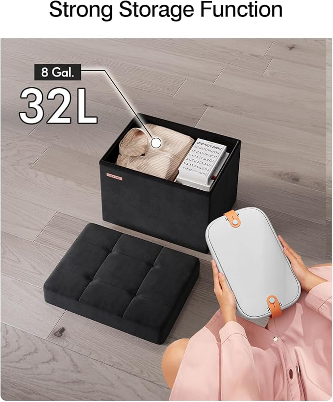 Folding Storage Ottoman, Velvet Storage Bench, Footrest, Foot Stool, for Living Room, Bedroom and Office,12.2 x 16.1 x 12.2 Inches, 200 kg Load Capacity, Ink Black,UASND03B