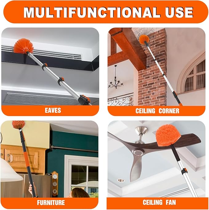 30FT Reach Cobweb Duster with Extension Pole, High Ceiling Long Duster with 5-24FT Telescoping Pole, Spider Web Brush for Indoor Outdoor Use