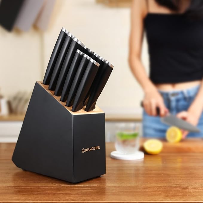 Black Knife Set, 13 Pieces Knife Block Set with Built-in Sharpener Scissors for Kitchen Meat & Vegetable Cutting, Dishwasher Safe Knives Set Present for Family & Restaurant