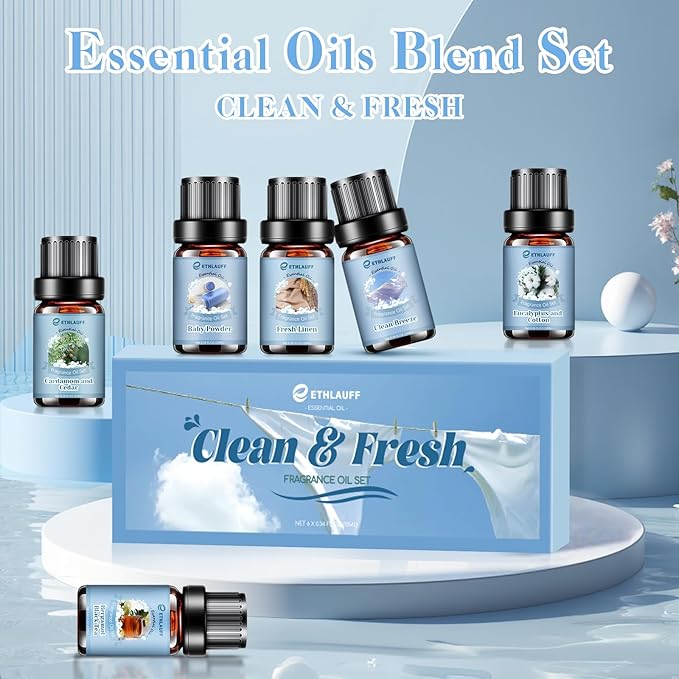 Clean Essential Oils Set, Laundry Collection Essential Oils Set, Pack of 6 Fragrance Oil for Diffuser for Home, Use with Wool Dryer Balls Scents - Fresh Linen, Clean Breeze, Eucalyptus and Cotton