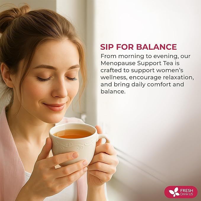 FreshDrinkUS, 40 Tea Bags - Menopause Support Herbal Tea – Soothing Blend with Rhubarb, Hibiscus, Valerian, Passiflora, Ashwagandha, Fennel & Chamomile, Caffeine-Free, Vegan, Non-GMO