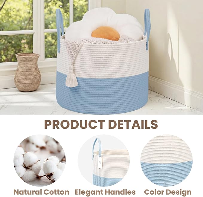 Woven Blanket Basket,65L Large Rope Storage Bin with Handles, Organizer for Blankets Toys Book and Clothes, Laundry Basket for Living Room Bedroom Nursery,White&Blue