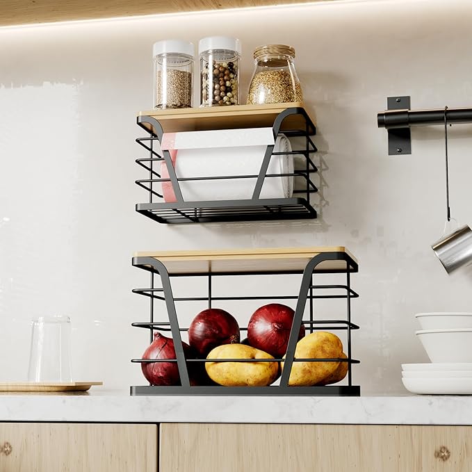 2 Pack Stackable Storage Laundry Kitchen Organizers, Wall Mount Trash Bag Holder with Bamboo Top and Garbage Bag Dispenser No Drill