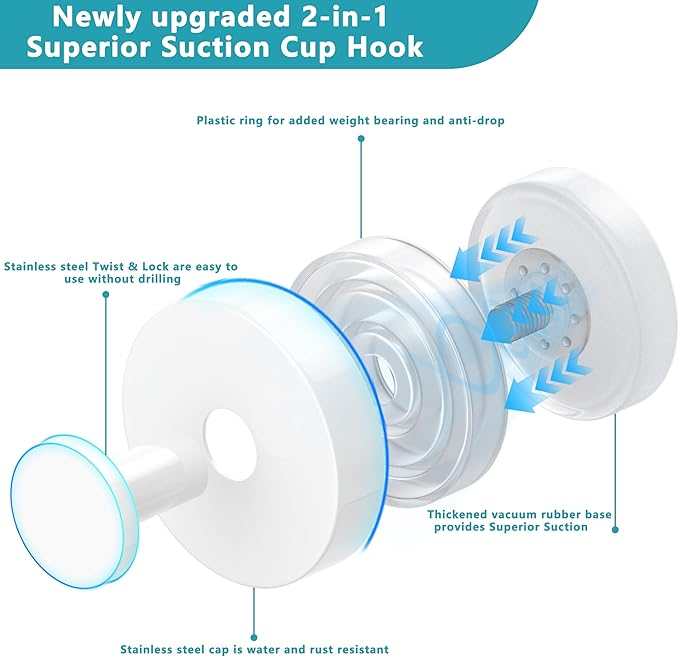 Suction Cup Hooks for Shower,Removable No Drill Towel Hooks,Upgraded 15 lbs Strong Suction hooks for Bathroom Tile,Shower Wall,Glass Door,Kitchen-Loofah,Coat,Stainless Waterproof-White 2 Pcs
