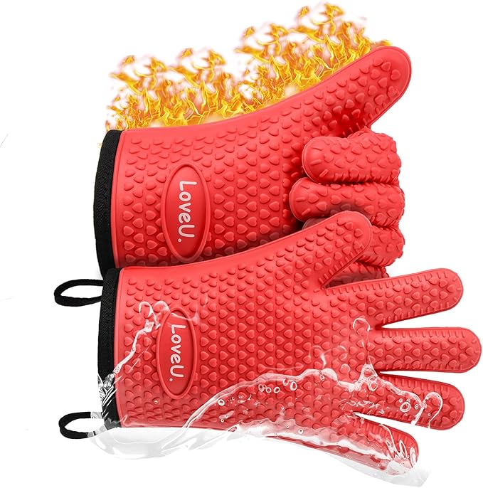 Kitchen Oven Gloves - Silicone and Cotton Double-Layer Heat Resistant Oven Mitts/BBQ Gloves/Grill Gloves - Perfect for Baking and Grilling - 1 Pair (Small, Red)
