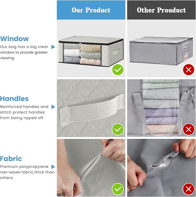 HomeHacks Storage 4-Pack Clothes Organizer Storage Bags Foldable Storage Box with Large Clear Window Sturdy Handles for Closet, Dorm, Pillows, Bedding, Clothes, Blankets, 35L, Ivory