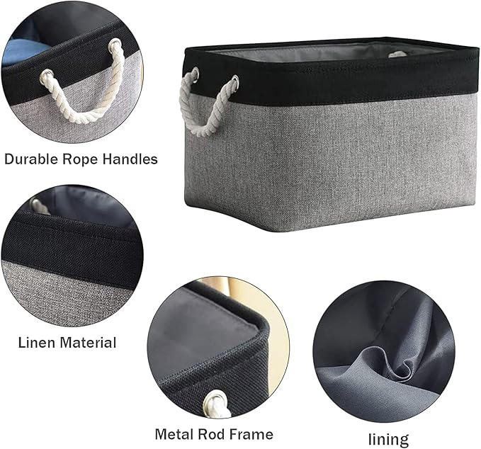 TcaFmac Storage Basket for Organizing - Large 4 Pack Canvas Decorative Storage Bins Baskets for Shelves with Ropes, Foldable Storage Cubes for Closet Cloth Toy Linen(Black & Grey 16x12x8 inch)