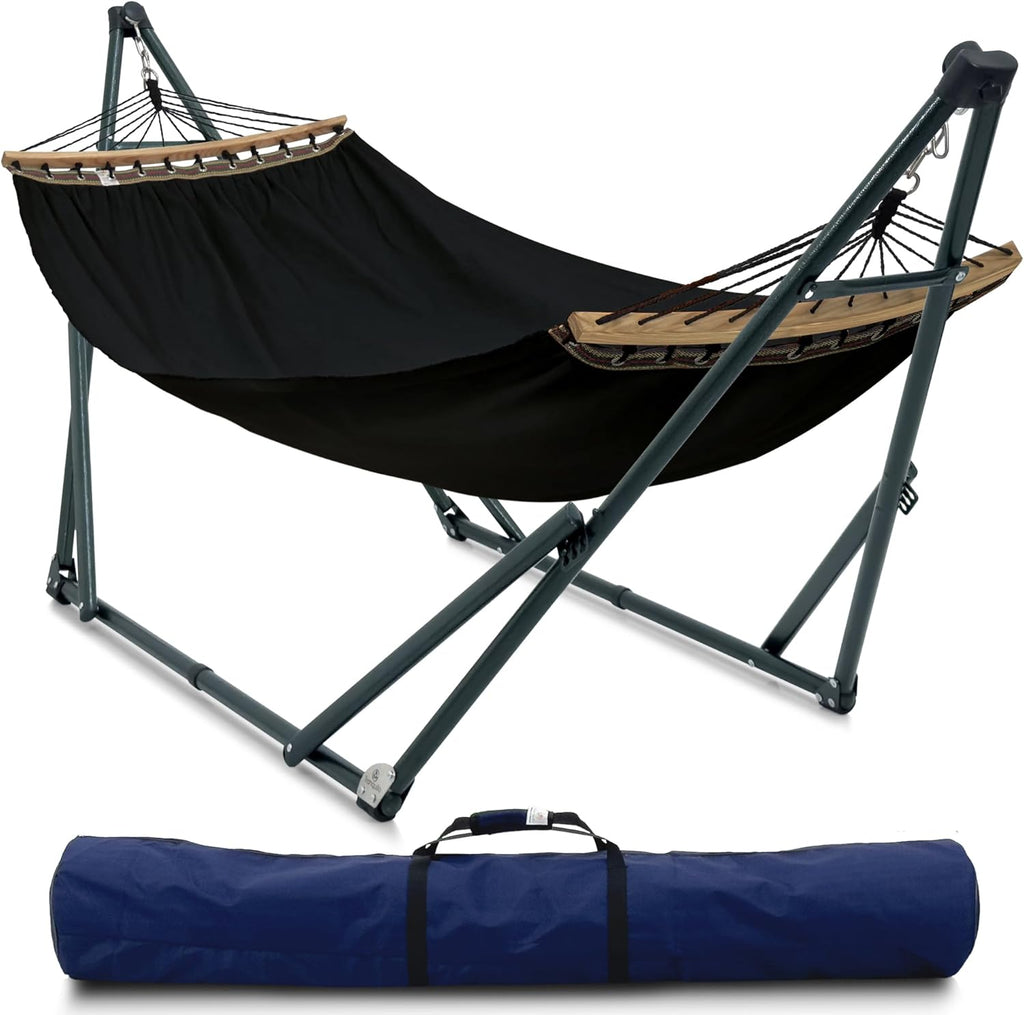 Tranquillo Universal Hammock with Stands Electro Static Coated Steel, Adjustable Foldable Hammock Stand with 2 Layered Polyester Net and Carry Bag for 2 Persons (Canvas - Black)