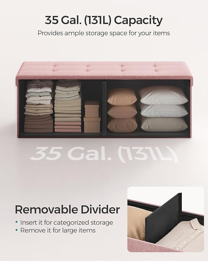SONGMICS MAZIE Collection - 43 Inches Folding Storage Ottoman Bench, Ottoman Foot Rest, End of Bed Bench, Storage Chest, Load 660 lb, for Living Room, Bedroom, Entryway, Jelly Pink ULSF077R11