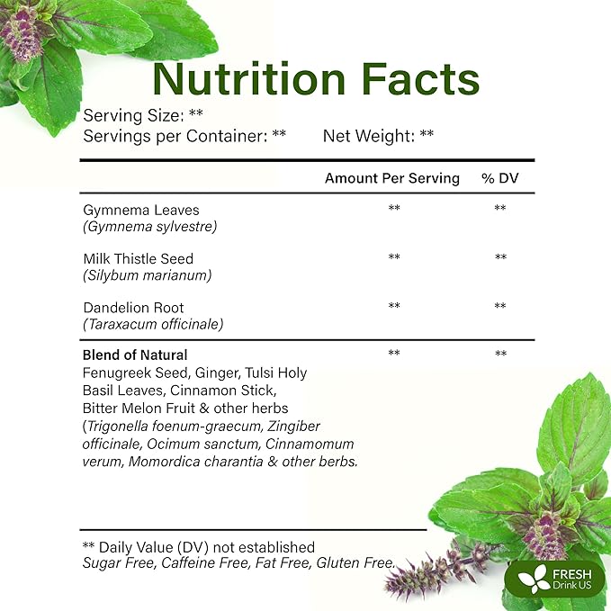 FreshDrinkUS, Premium 30 Tea Bags Glucose Functional Tea – Herbal Blend with Gymnema, Cinnamon, Bitter Melon, Tulsi & More –– Caffeine-Free. Sugar-Free. Gluten-Free. Vegan