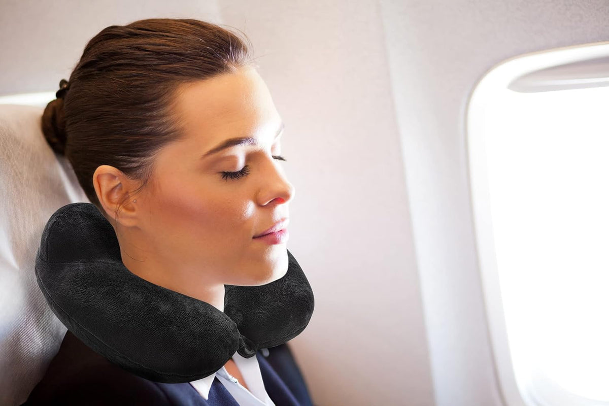 Inflatable Travel Neck Pillow: Extra-Soft, Cushion. for Airplanes, Trains, Cars, Portable Travel Accessory-with Carrying Pouch for Cell Phone and Passport Etc. (Black) (OW-103)