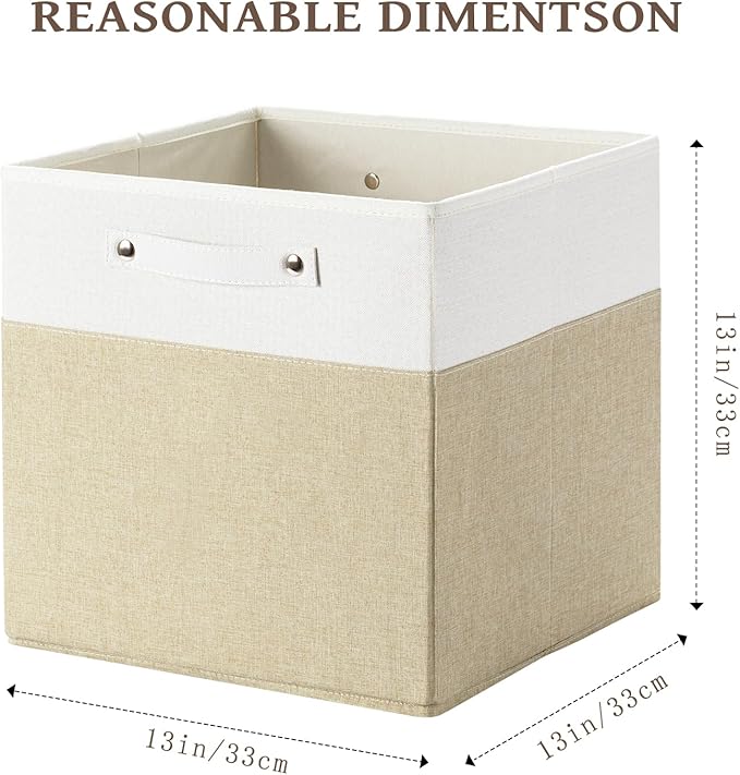 13 x 13 Inch Fine Linen Storage Bins with Handles，Fabric Cube Boxs，Collapsible Basket Organizers for Shelves for Home, Closet Drawers (White/Khaki-4 Pack)