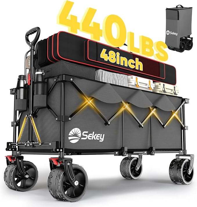 Sekey 48''L Collapsible Foldable Extended Wagon with 440lbs Weight Capacity, Heavy Duty 300L Folding Utility Garden Cart with Big All-Terrain Beach Wheels & Drink Holders. Grey