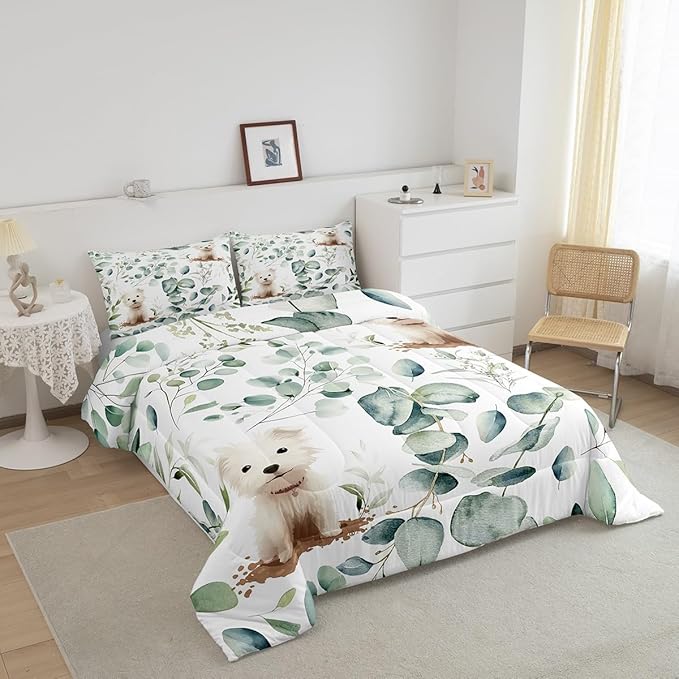 Erosebridal Cute Dog Toddler Bedding Sets for Kids Child Green Eucalyptus Comforter Set, Pet Animal Bedding Comforter Sets Botanical Plant Leaves Duvet Insert, Cartoon Pug Puppy Down Comforter