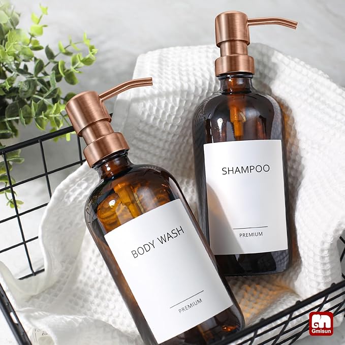GMISUN Amber Glass Soap Dispenser, 2 Pack Bathroom Hand Soap Dispensers with Rose Gold Pump, 17 Fl Oz Kitchen Hand and Dish Soap Dispenser Set, Modern Vintage Liquid Brown Soap Dispensers Bottle