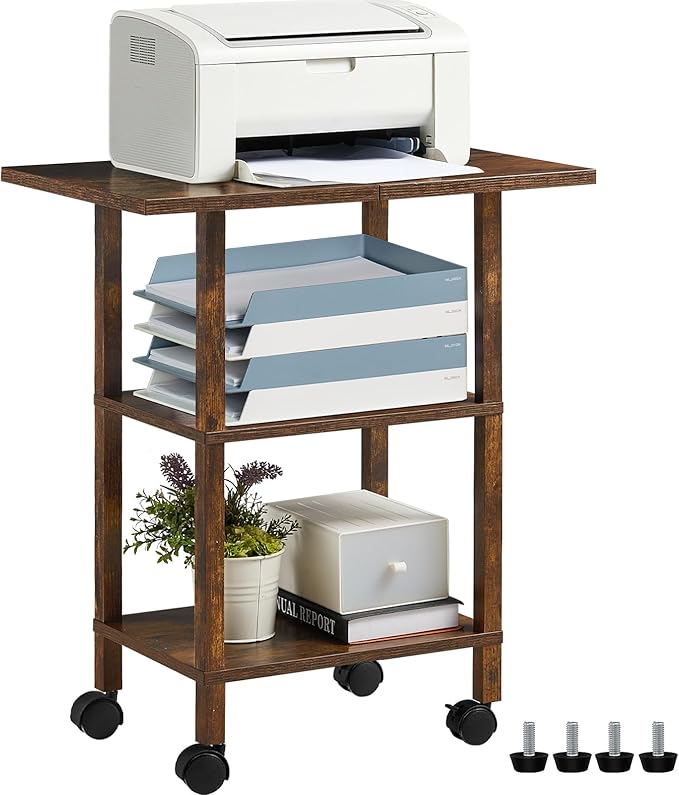 Lerliuo 3 Tier Printer Stand with Storage, Printer Table for Home Office, Wooden Rolling Printer Cart Shelf with Lockable Wheels fit Fax Machine, Scanner(Brown)
