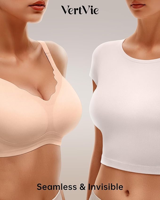 Vertvie Womens Seamless Bras No Underwire Supportive Wireless Push Up Full Coverage Bralette Comfort Scalloped T-Shirt Bra