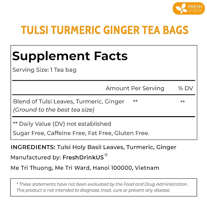 FreshDrinkUS, Premium 55 Tulsi Turmeric Ginger Tea Bags, 100% Natural & Pure from Tulsi Holy Basil Leaves, Turmeric and Ginger. Made with Natural Material Tea Bags. No Sugar, No Caffeine, Vegan.