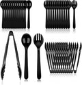 36 PCS Disposable Serving Utensils for Party - 12 Set Including Black Plastic Spoons, Tongs and Forks