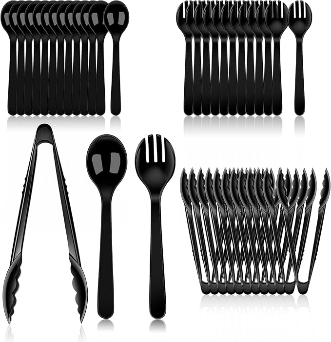 36 PCS Disposable Serving Utensils for Party - 12 Set Including Black Plastic Spoons, Tongs and Forks
