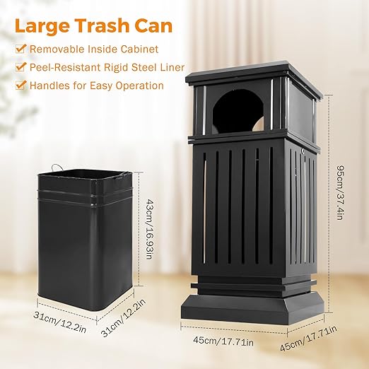 BEAMNOVA Black Trash Can Outdoor Top Tray Stainless Steel Commercial Garbage Enclosure with Locking Lid Heavy Duty Industrial Yard Garage Waste Container, 37.4 * 17.7 * 17.7in