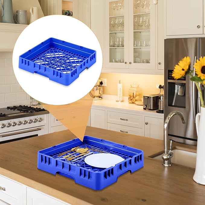 Commercial Dishwasher Tray Rack Polypropylene Full Size Flatware Rack for Bowls Plates Knives Forks Cups(19.7 x 19.7 x 3.97 Inch,Blue)