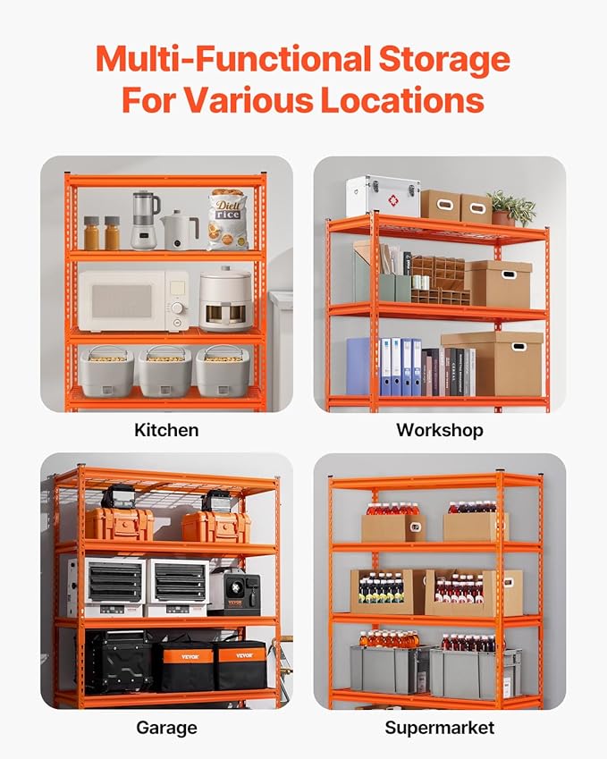 VEVOR Storage Shelves, 2500 lbs, 5 Tier Heavy Duty Garage Shelving, 18" D x 48" W x 72" H Adjustable Metal Shelves for Industrial Shelving Unit Utility Shelf, for Kitchen, Warehouse, Basement, Orange