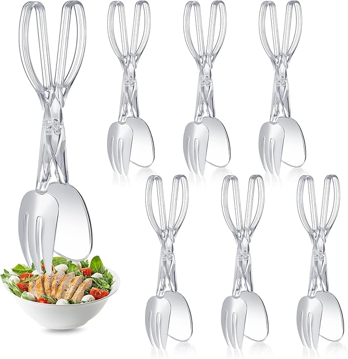 Tioncy Set of 6 Plastic Salad Scissor Tongs 11.2 Inches for Serving Reusable Food Tongs, Clear Utensils for Chef Cooking, Kitchen, Buffet, Party, Catering Supplies
