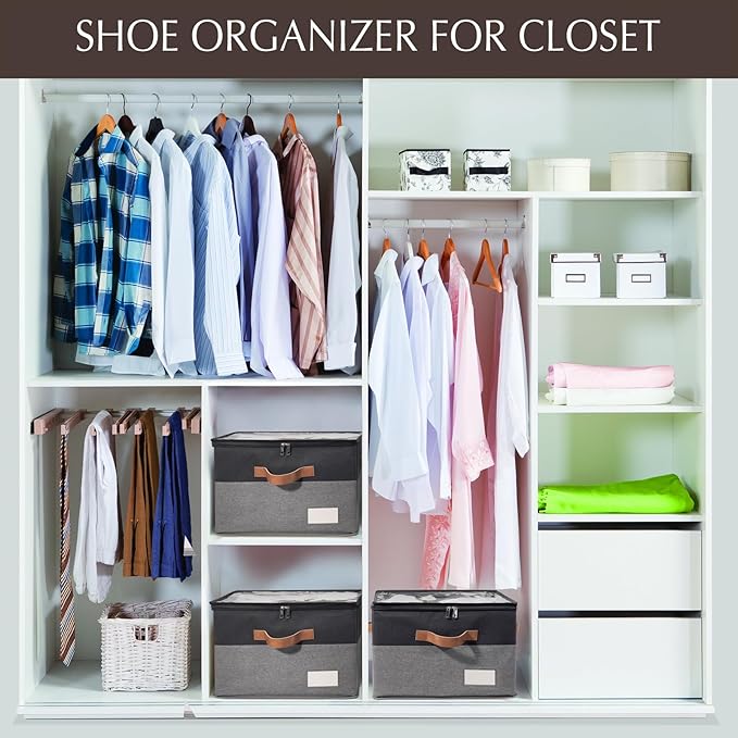 2 Pack Shoe Organizer for Closet, Adjustable Shoe Box Storage Containers, Large Foldable Shoe Bins with Clear Cover, Space Saving Shoes Holder with 4 Handles, Fits 16-32 Pairs, Black