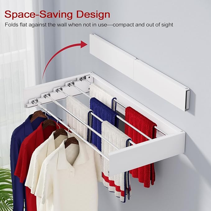 Wall Mounted Drying Rack 31.5", Foldable Laundry Drying Rack with Stainless Steel Rods, Retractable Laundry Space Saver for Indoor & Outdoor Use, Include Wall Template