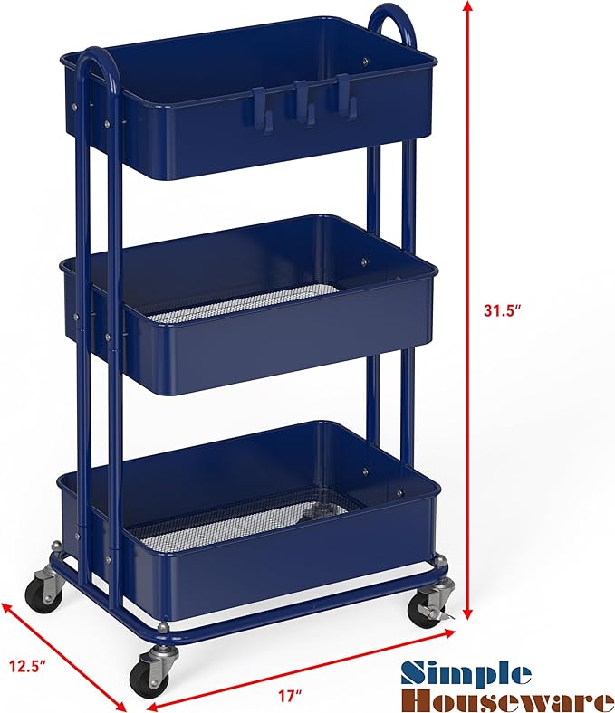 Simple Houseware 3-Tier Heavy Duty Metal Utility Rolling Cart, Navy